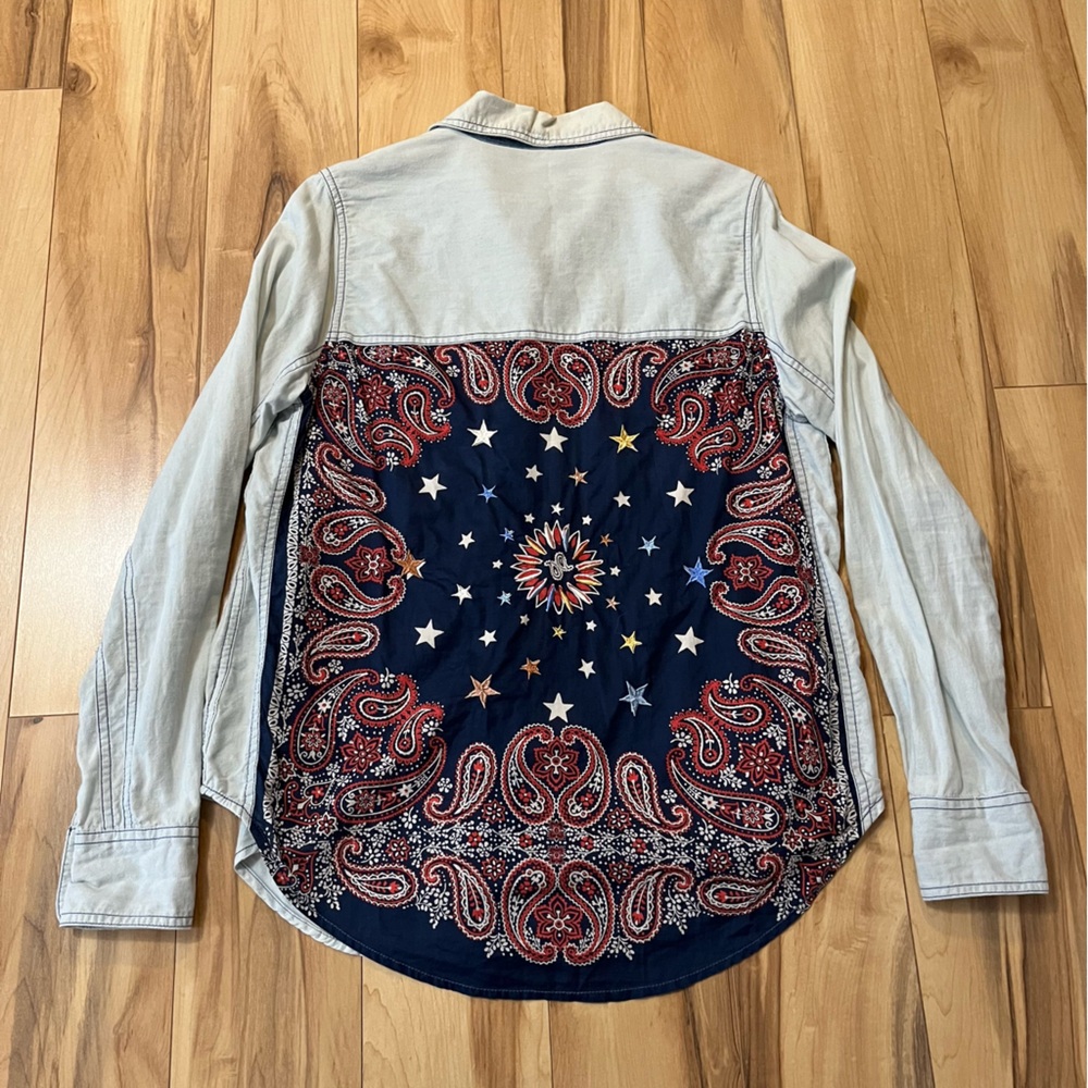 Free People Bandana Bandit Button Down Western Hemp Blend Chambray Shirt Size S